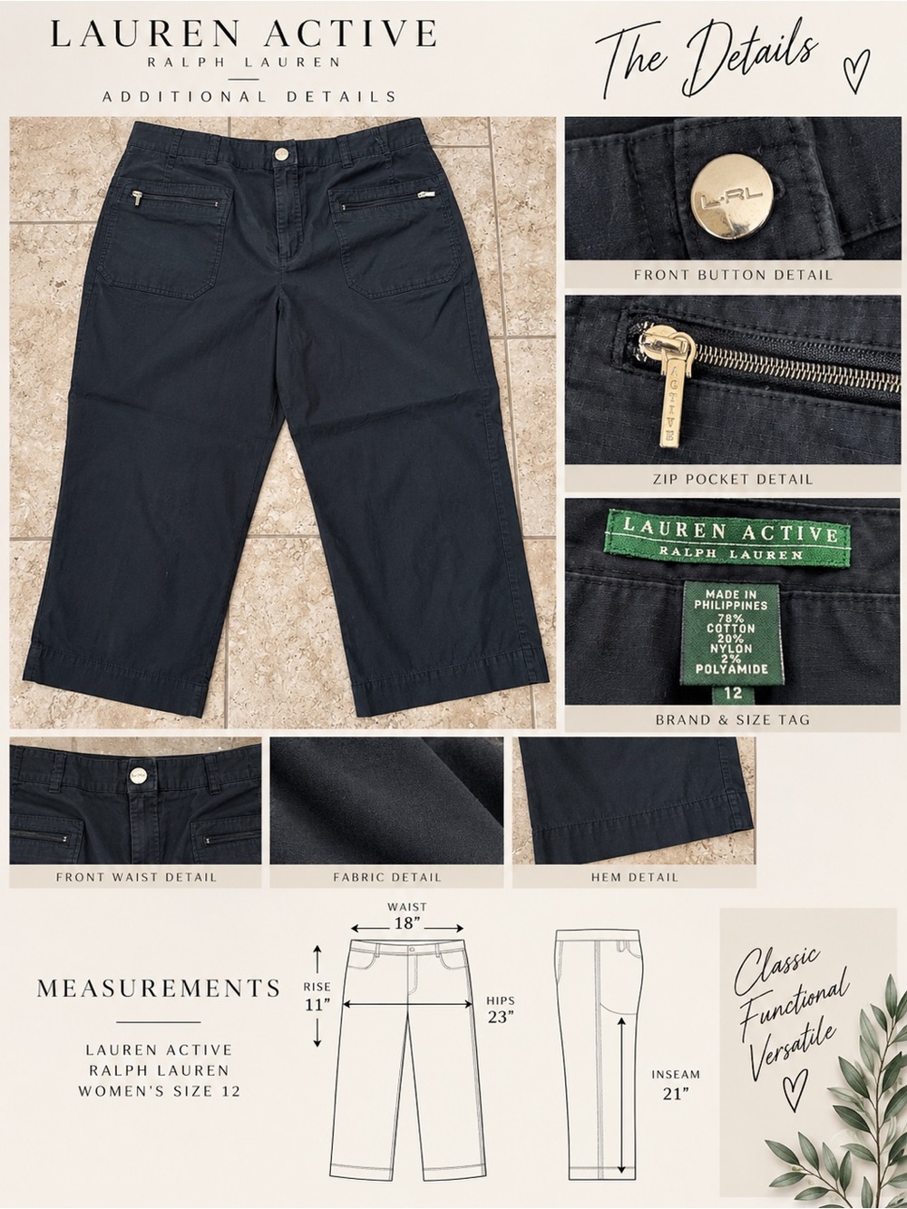 Lauren Active Ralph Lauren Black Cropped Pants Size 12 Zip Pocket Capri - Picture 3 of 3